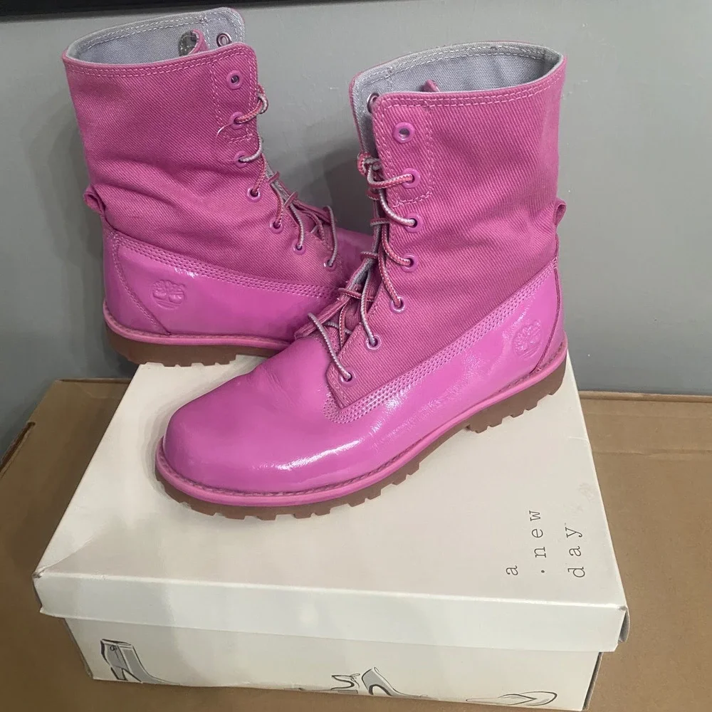 Timberland Girls‎ Pink Patent Leather Canvas Lace Up Boots 3396A Size 5